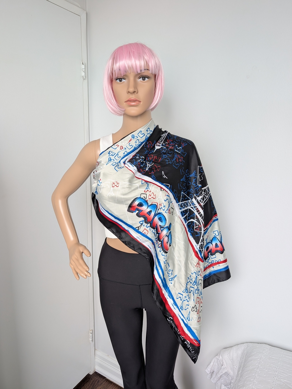 Silky Graphic Paris Scarf - Black, Grey, Red, White & Blue